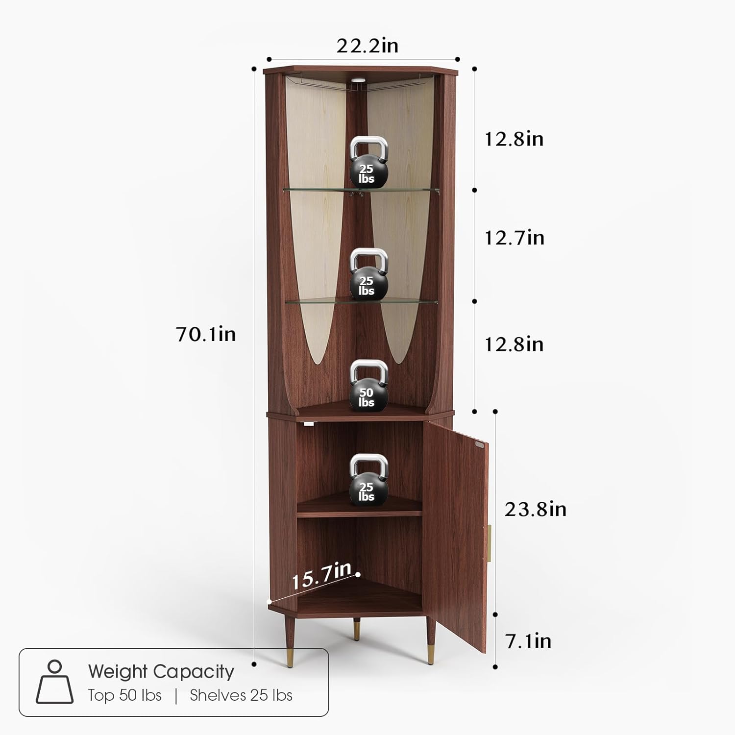 JOINICE 70' Tall Corner Bar Cabinet, Mid-Century Modern Fluted Storage Cabinet with Glass Shelves, Door & LED Lighting, Space-Saving Liquor Cabinet for Living Room, Kitchen, or Dining Room, Walnut