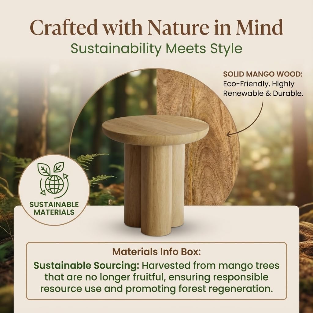 Relso Gaia Round End Table for Living Room and Farmhouse | Solid Mango Wood for Rustic Elegance | Ideal for Side Tables, Nightstands & More | Wood Side Table Round for Bedroom (Natural)