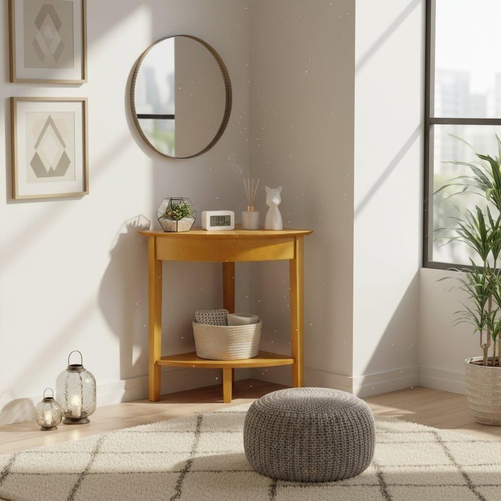 Furnifact Corner Desk/Table, Triangle Shape, Single Lower Shelf, Solid Wood, Space Saver, Honey Gold Finish, Compact