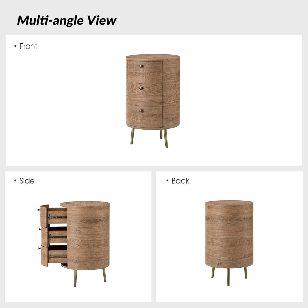 HULALA HOME Round End Table with 3 Storage Drawers, Mid Century Modern Sofa Side Table with Metal Legs, Farmhouse Wood Small Side Table for Living Room, Bedroom and Small Spaces, Oak