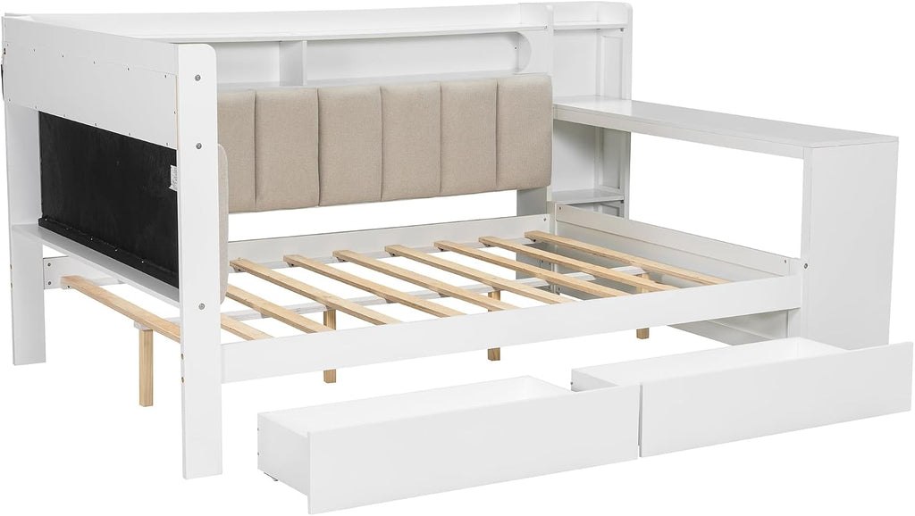 VilroCaz Full Size Daybed Sofa Bed with L-Shaped Upholstered Headboard and Desk, Wooden Corner Platform Bed Frame with 2 Drawers, Storage Shelves, Charging Station and Light Strip (White-8.26)