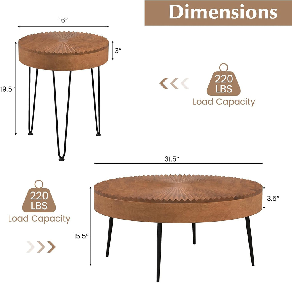 Giantex Boho Round Coffee Table Set of 2, Sofa Side Nesting Table with Solid Pine Wood Top, Metal Legs & Adjustable Foot Pads, 31.5' D Large Table Set for Living Room (Radial Pattern, Brown)