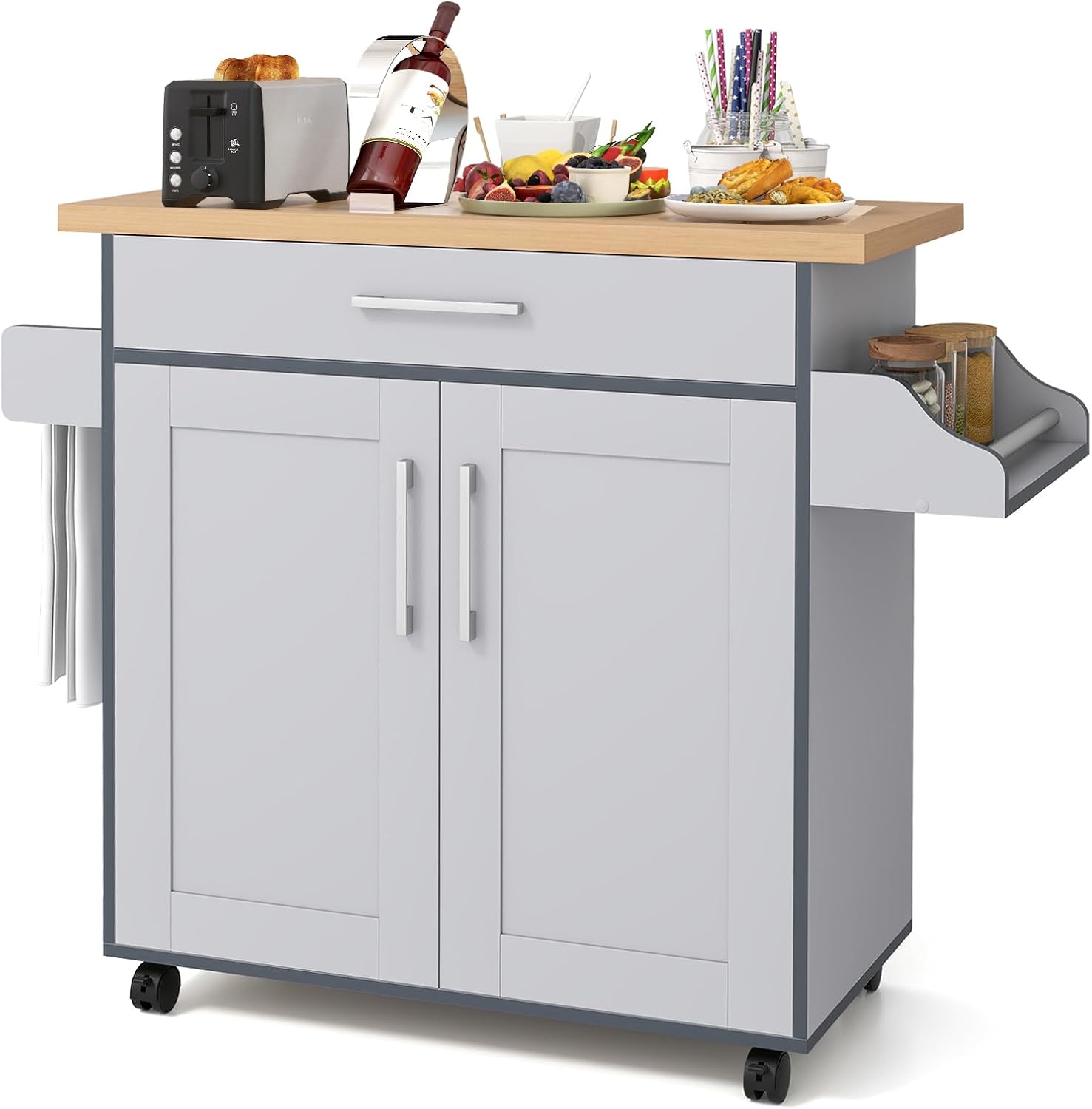 Kitchen Island with Storage, 44' Width Rolling Kitchen Cart on Wheels with Drawer, Adjustable Shelf, Spice Rack and Towel Bar, Wooden Island Table for Dining Room, Living Room (Grey)