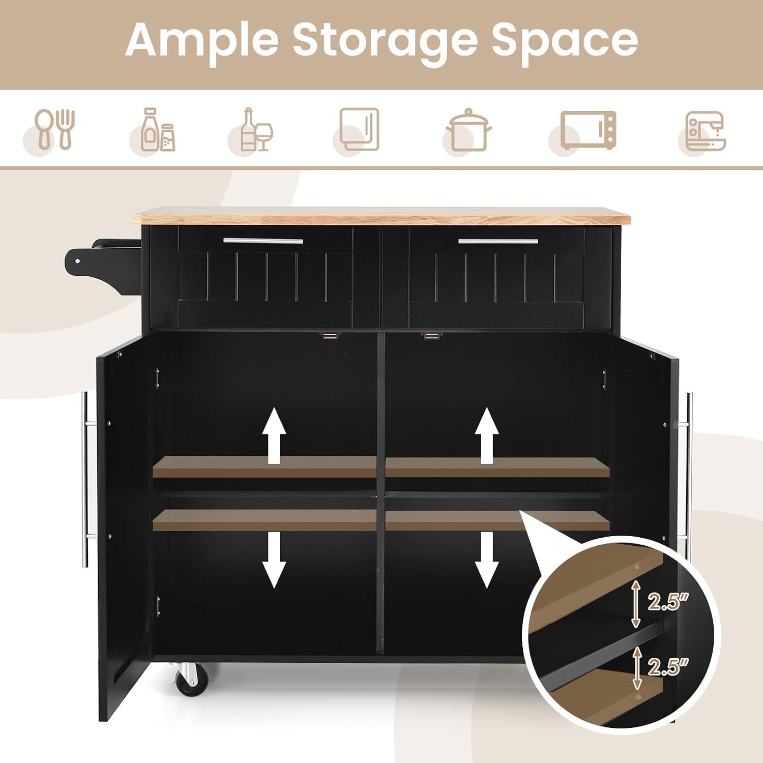 Kitchen Island with Storage, Mobile Kitchen Trolley Cart with Wheels, Rubber Wood Top, Adjustable Shelves, Towel Rack & Drawers, Rolling Kitchen Island Cart, 37' L x 18' W x 37' H (Black)