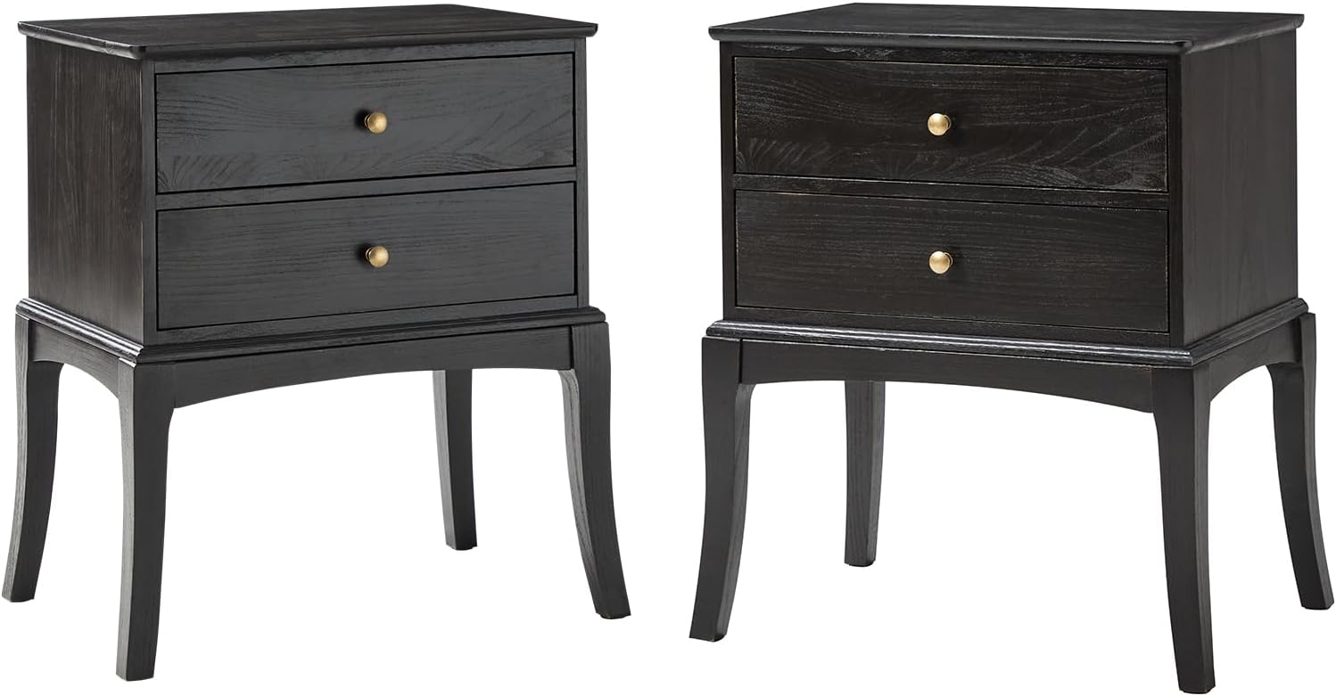 HULALA HOME Solid Wood End Table with Charging Station, 2 Drawer Side Table, Tall Mid Century Modern End Table for Living Room Set of 2, Charcoal