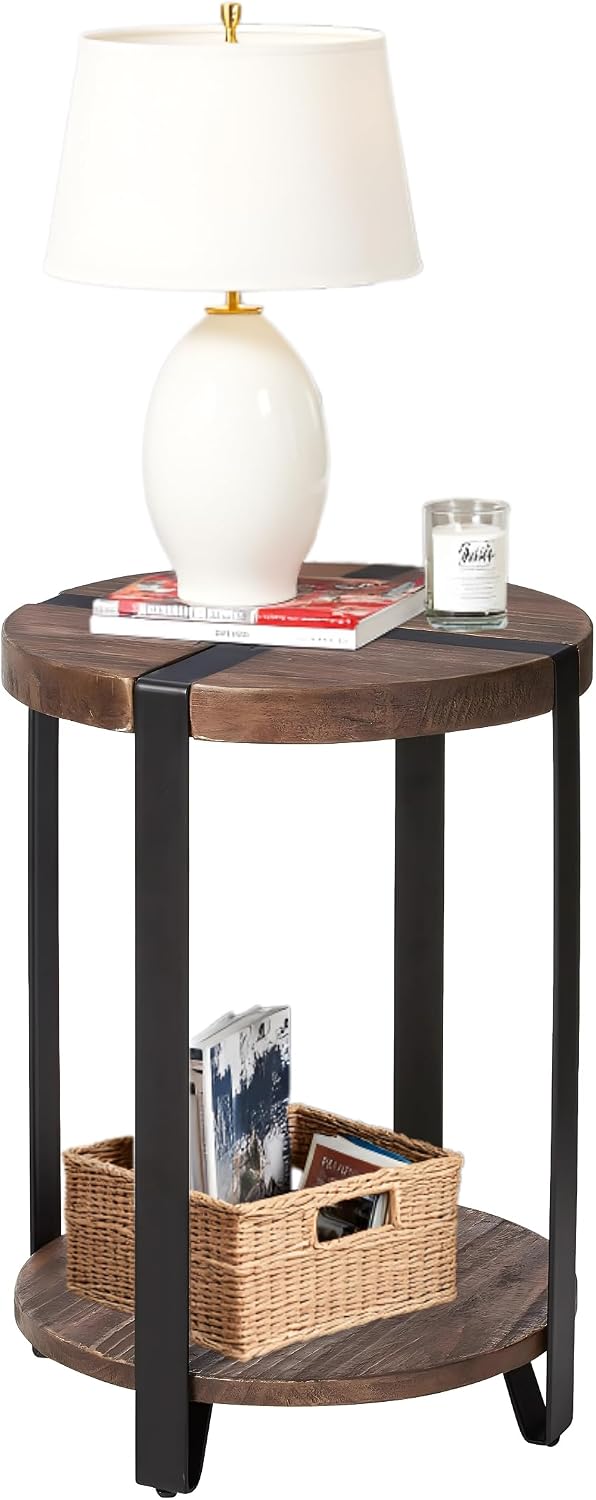 Modesto 20-Inch Round End Table – Rustic 2-Tier Side Table with Solid Wood Top, Lower Shelf, & Metal Legs – Small Accent Table for Living Room or Bedroom by Alaterre Furniture (Natural Wood Finish)