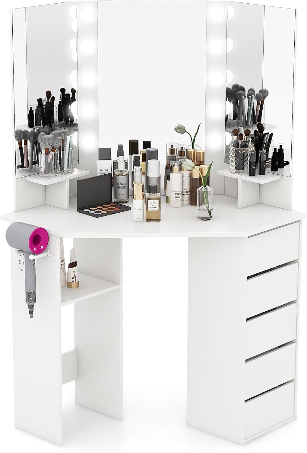 NAFORT Corner Vanity Desk with Mirror and LED Lights, Vanity Table with 5 Storage Drawer SND Shelf, Dressing Table with Power Outlet and Hair Dryer Holder, 3 Lighting Modes Triple Mirror, White