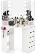 NAFORT Corner Vanity Desk with Mirror and LED Lights, Vanity Table with 5 Storage Drawer SND Shelf, Dressing Table with Power Outlet and Hair Dryer Holder, 3 Lighting Modes Triple Mirror, White
