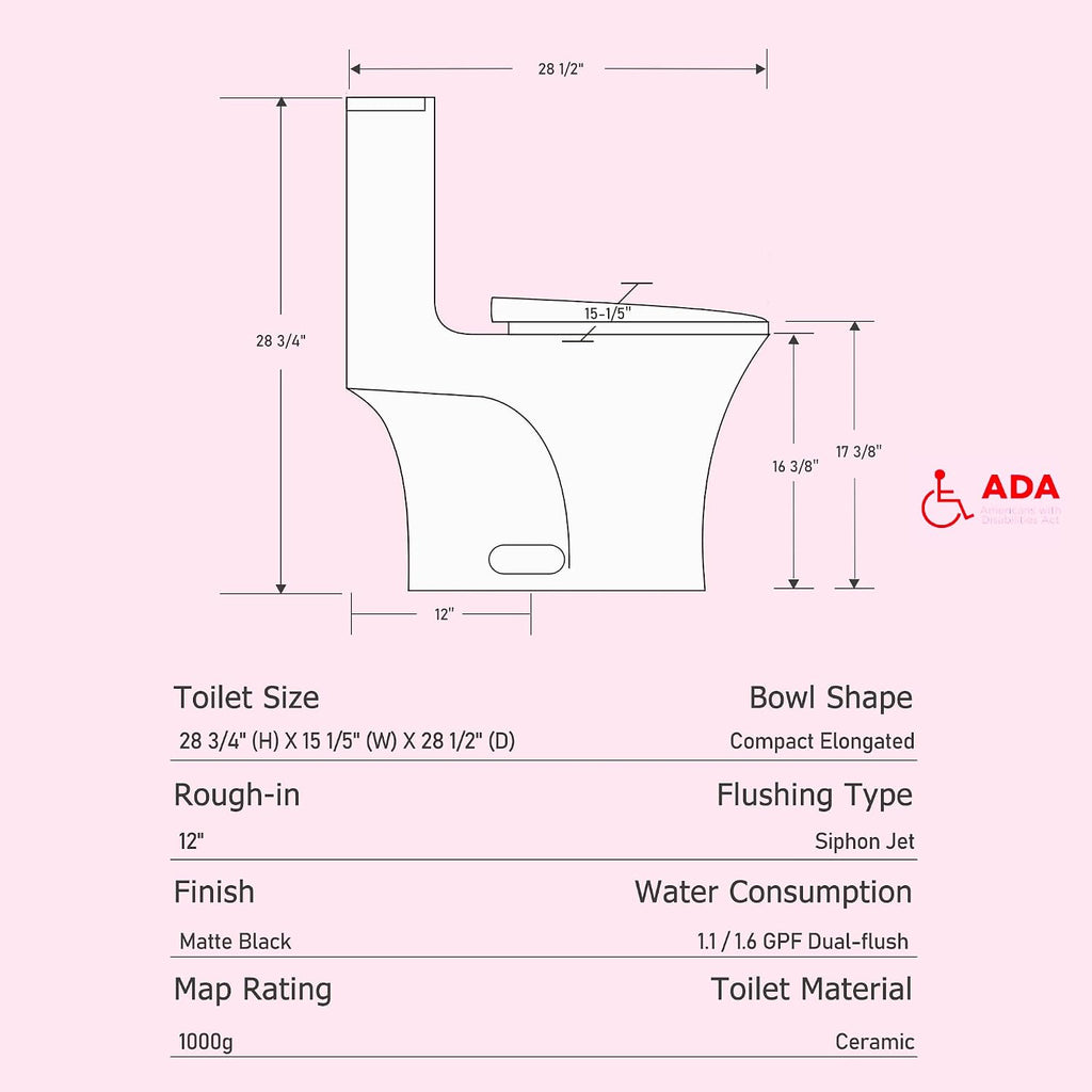 Dual Flush One Toilet, Water Saving Elongated Comfort Height Floor Mounted, Soft Closing Seat, 1000 Gram Map Flushing SToilet, Matte Black