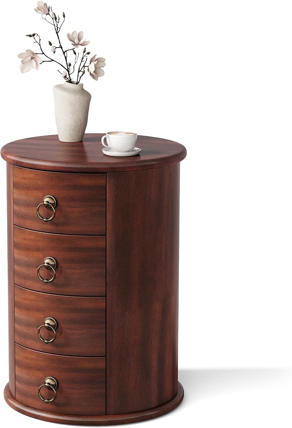 LITTLE TREE Small Side Table, Round Solid Wood End Table with Storage for Living Room, Mid Century Modern Nightstand with 4 Drawers for Bedroom, Small Spaces, Couch, Bedside, No Assembly Required