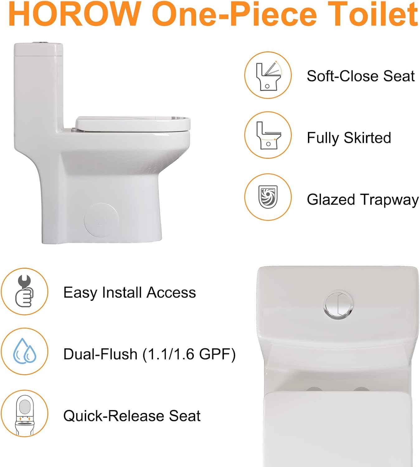 HOROW HT1000 Dual Flush One Piece Toilet, Modern Small Toilet with Soft Closing Seat, Quick Release & 12'' Rough-in, Compact & Round for Small Bathroom, Standard White Finish Toilet Bowl