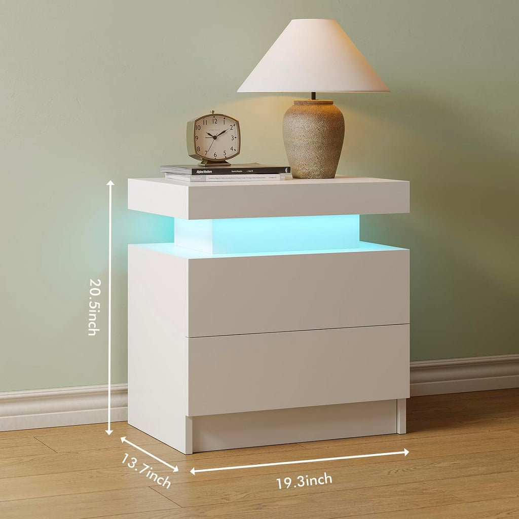 Cubehom Nightstands Set of 2, Bedside Tables with LED Lights, Night Stands with 2 Wood Drawers, End Tables Set of 2 for Living Room/Bedroom