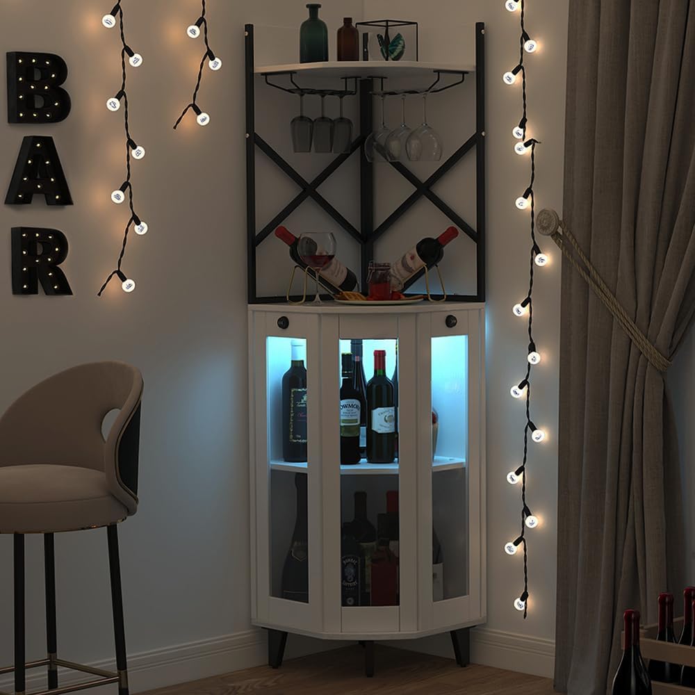 COCO DESIGN Corner Wine Cabinet with Lockable Glass Door & LED Light, 4-Tier Liquor Bar Unit, Modern Farmhouse Home Bar for Kitchen/Dining Room/Living Room, 2 Glass Display Trays & 2 Wine Racks, White