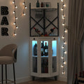 COCO DESIGN Corner Wine Cabinet with Lockable Glass Door & LED Light, 4-Tier Liquor Bar Unit, Modern Farmhouse Home Bar for Kitchen/Dining Room/Living Room, 2 Glass Display Trays & 2 Wine Racks, White