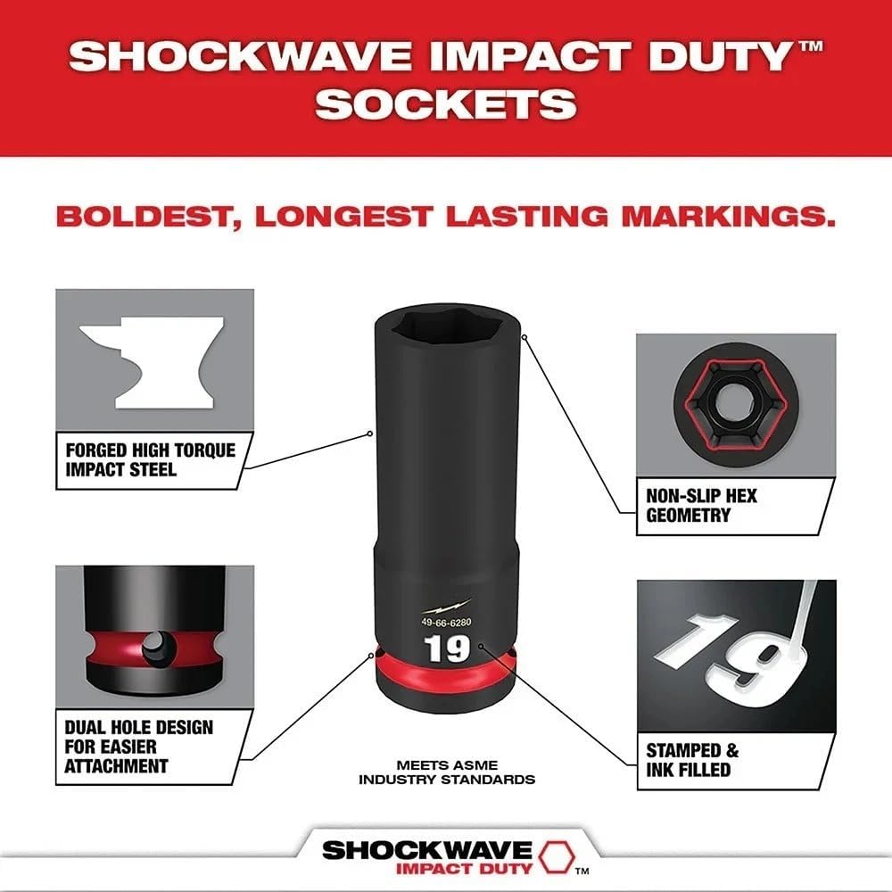 19PC 49-66-6801 for Milwaukee Impact Duty Socket 3/8' Drive Set - Red/New