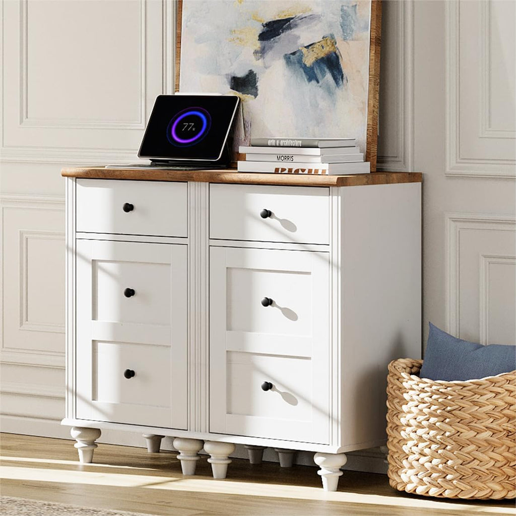 WAMPAT White End Table with Charging Station, Nightstand with Power Outlets & USB Ports, Modern Side Table with Drawer and Storage Cabinet for Bedroom (2PCS)