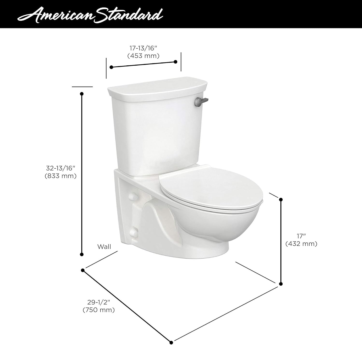 American Standard 2882107.020 Glenwall VorMax Wall-Hung Elongated Toilet with Left Hand Trip Lever, 1.28 gpf, White
