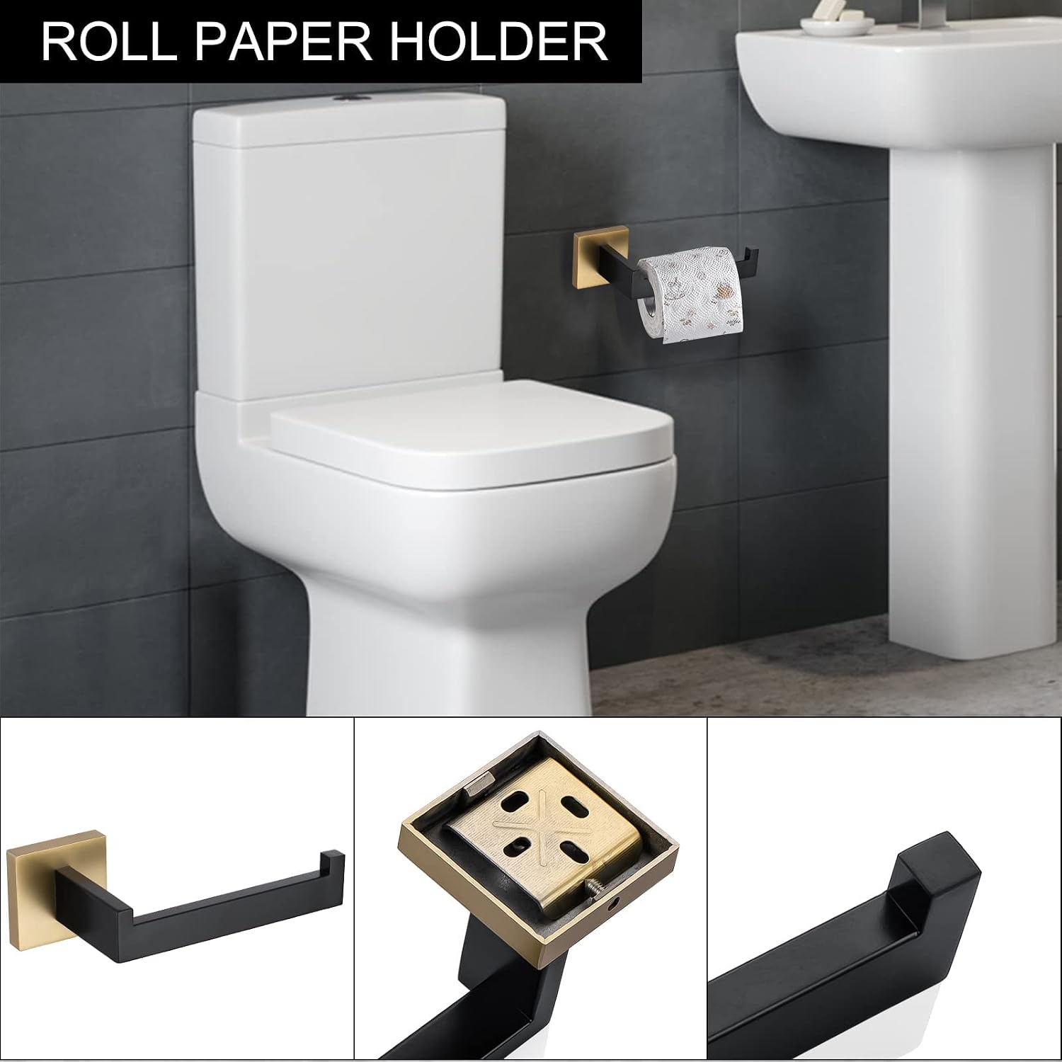 5-Piece Modern Bathroom Hardware Set, Stainless Steel Towel Bar Set with Robe Hook, Matte Black & Gold Finish