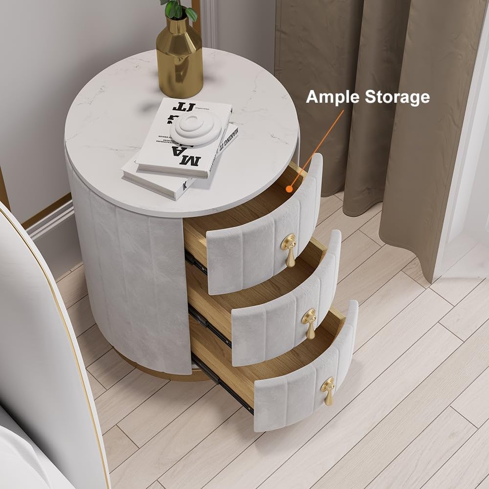 homary Velvet Nightstand with 3 Drawers, Gray Round Bedside Table with Sintered Stone Top, Modern Nightstand with Storage for Bedroom, End Table for Living Room