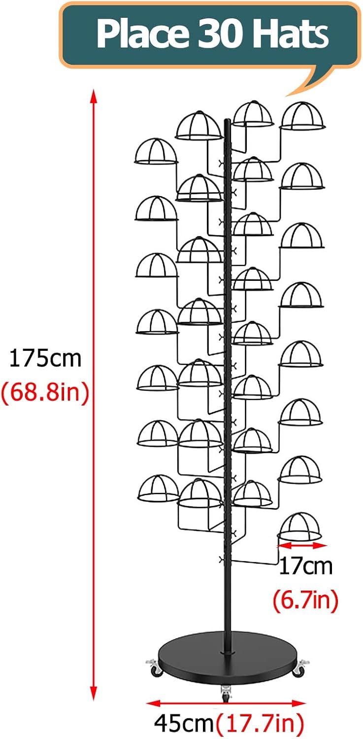 Hat Rack Modern Large Hat Rack Stand 30 Hooks Rolling Standing Retail Display Stand for Baseball Caps/Cowboy Hats/Fedora Hats Easy to Assemble