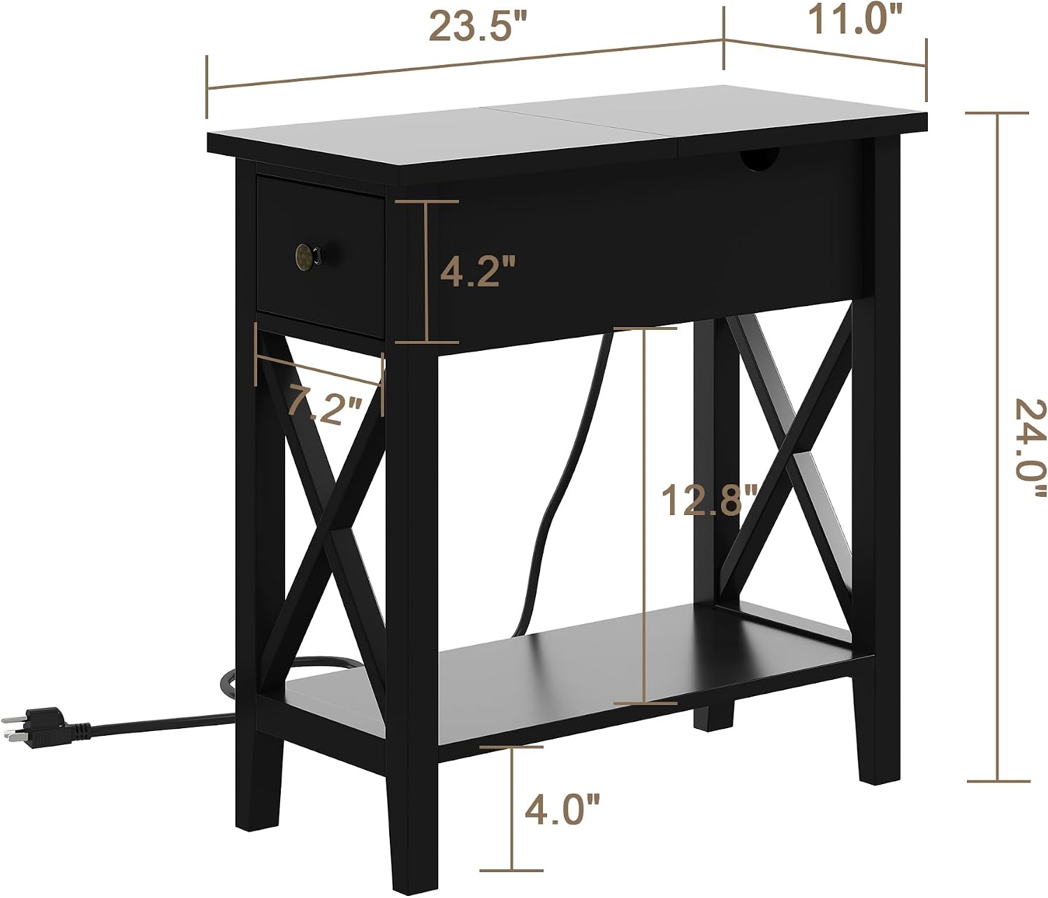 ChooChoo End Table Set of 2 with Charging Station, Narrow End Table with USB Ports and Outlets, Small Side Table Nightstand with Drawer for Living Room, Bedroom, Black