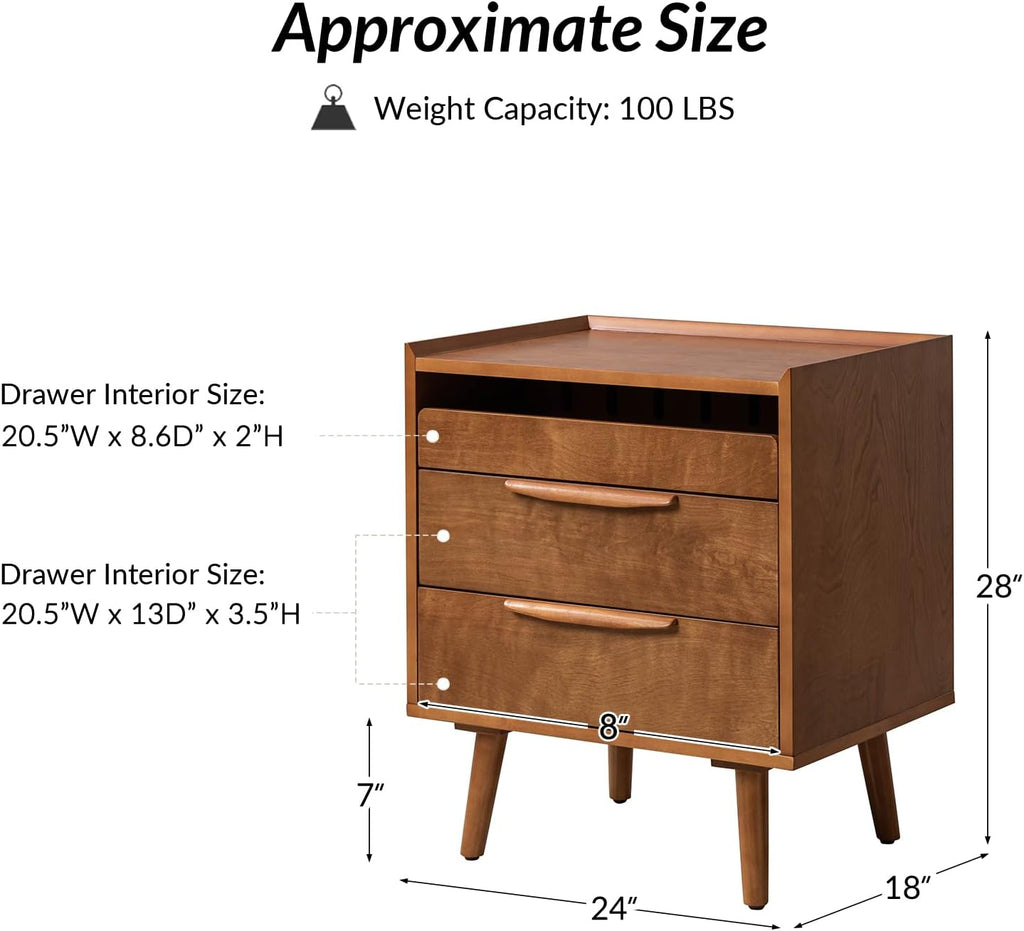 HULALA HOME 2 Drawer End Table with Pull-Out Shelf, Mid-Century Modern End Table with Wood Legs, Wood Side Table with Charging Station(Acorn)