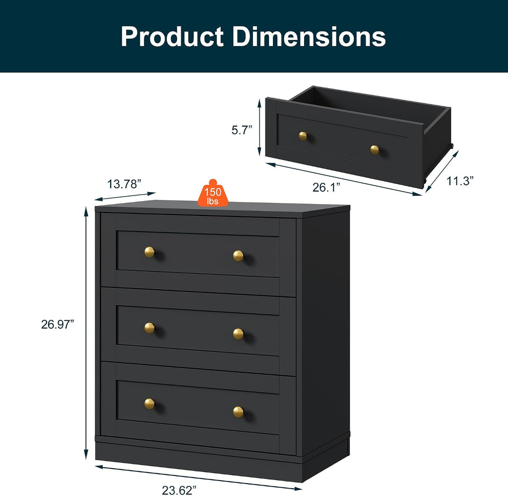RoyalCraft Black Nightstand Set of 2, Night Stand with 3 Drawers Storage, Modern Bedside Table, End Table for Bedroom, Hallway, Closet