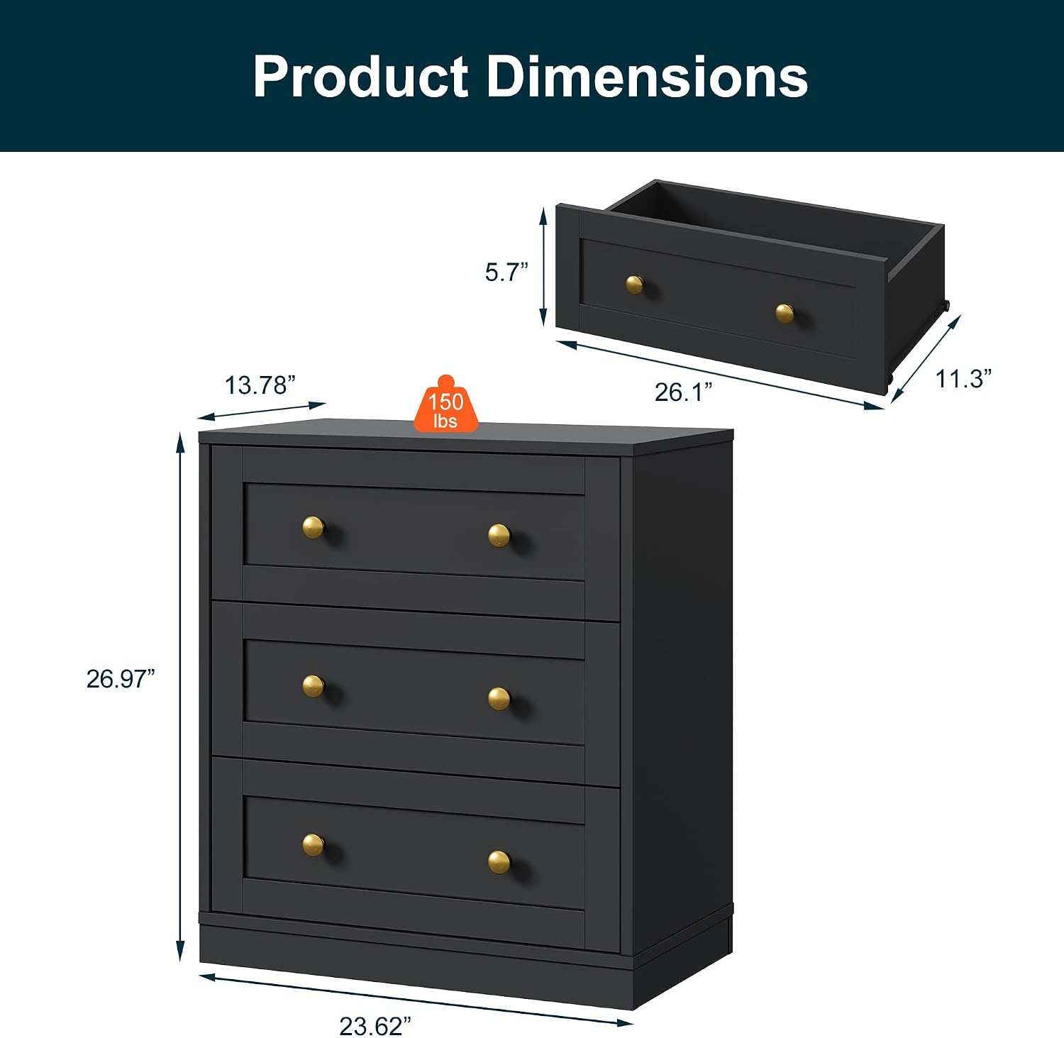 RoyalCraft Black Nightstand Set of 2, Night Stand with 3 Drawers Storage, Modern Bedside Table, End Table for Bedroom, Hallway, Closet
