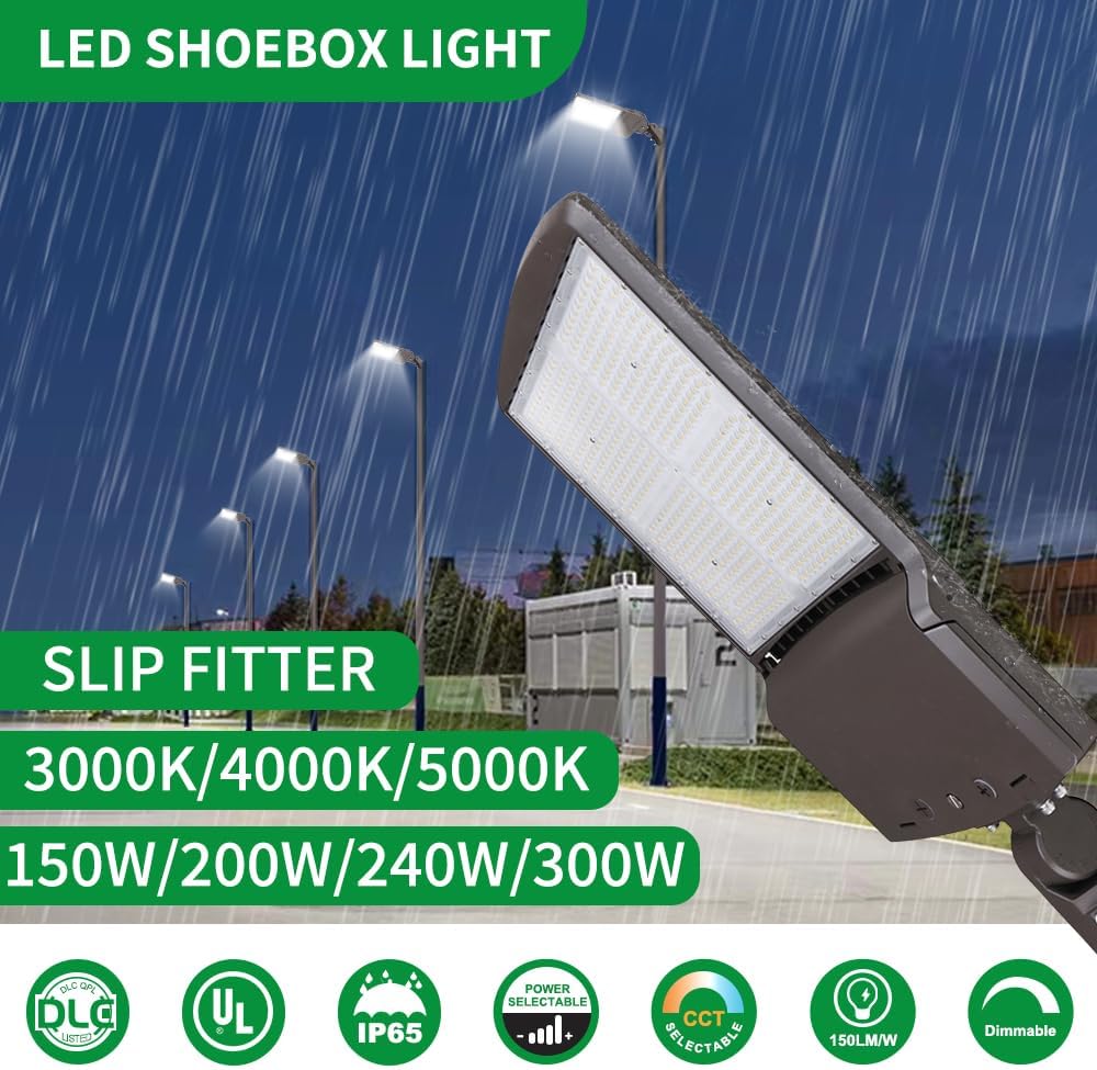 LED Parking Lot Light with Photocell and Slip Fitter Mount ETL 1PK | 300W to 150W Selectable 5000K to 3000K, 120-277V, Dusk to Dawn 0-10V Dimmable Shoebox Light, IP65 Outdoor Area Lighting