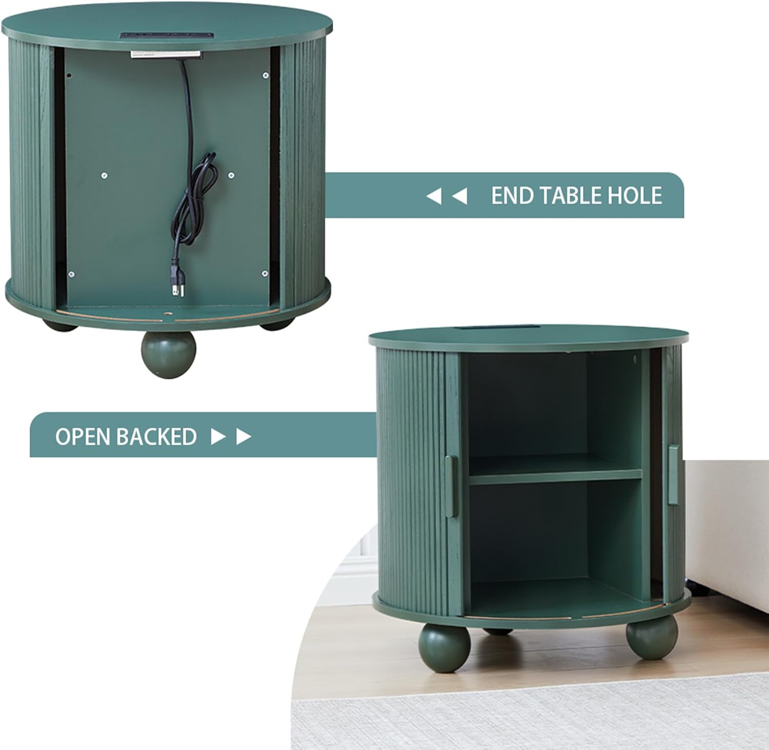 24 Inch Round Nightstand with Charging Station, Green Mid-Century Modern End Side Table with Fulted Sliding Door, Unique Vintage Bedside Table with Storage for Sofa, Couch, Bed (Round, Green)
