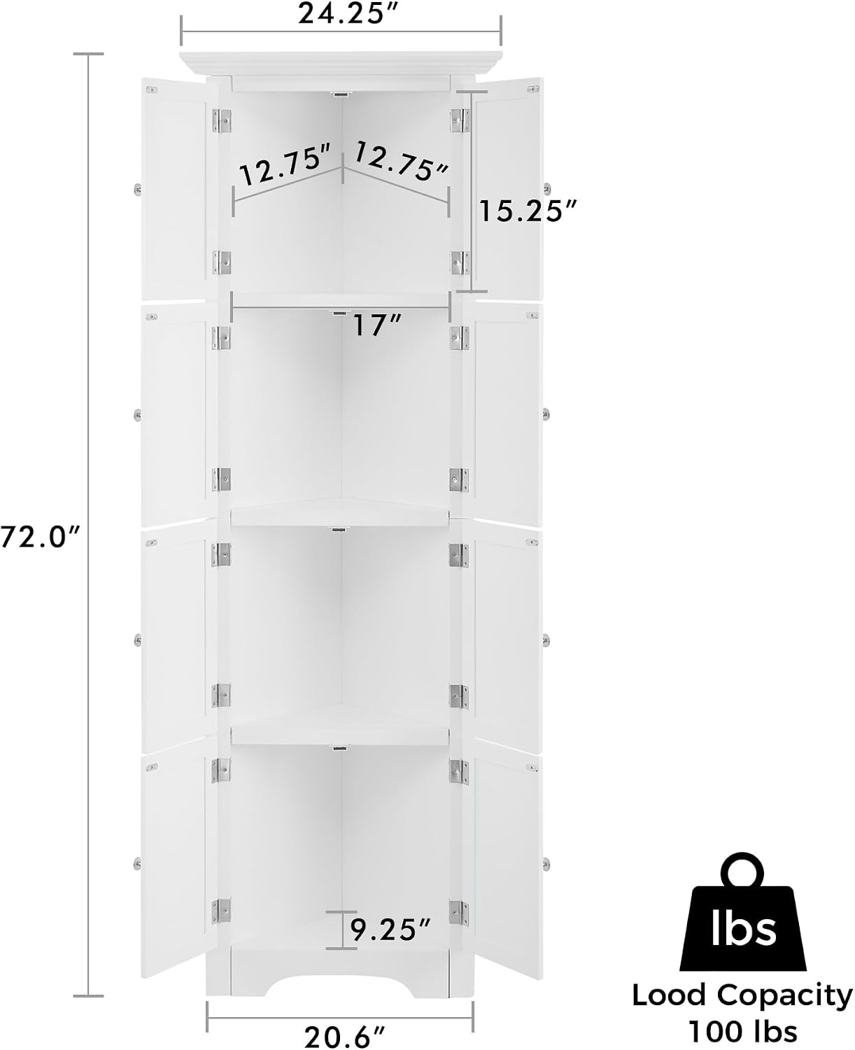 72' Tall Corner Storage Cabinet with Doors and 4 Shelves, Free Standing Corner Hutch Cabinet Kitchen Pantry Storage Cabinet Bookshelf Cabinet for Kitchen Living Room Bedroom (White)