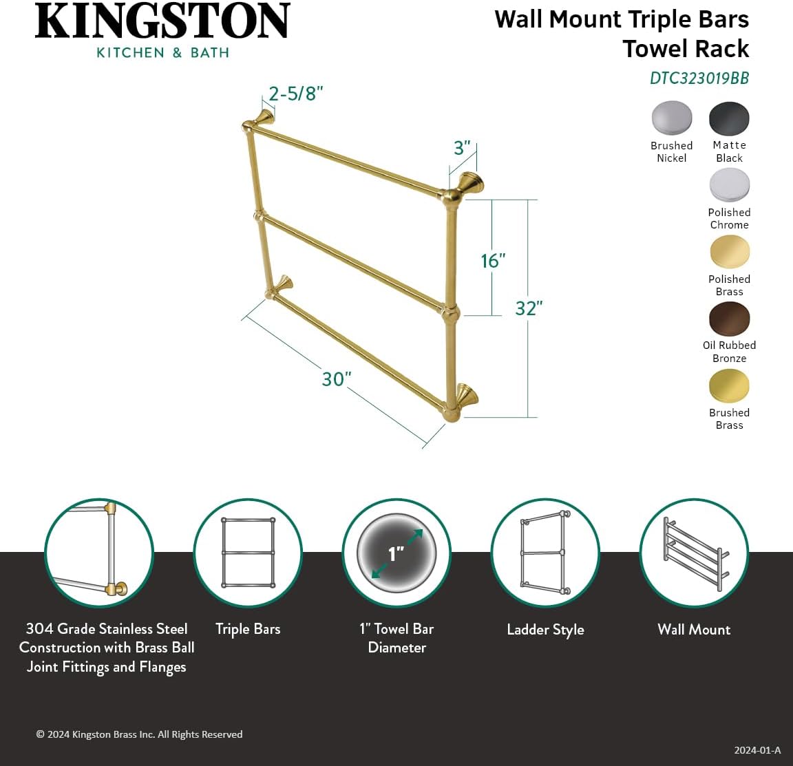 Kingston Brass DTC323019SN Maximilien Wall Mount Towel-Rack, Brushed Nickel