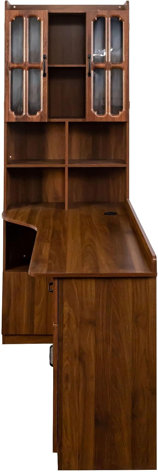 l Shaped Desk with Hutch & Drawers, Small Corner Desks for Small Space Home Office, Farmhouse Desk and Bookshelf Combo with Storage (Walnut)