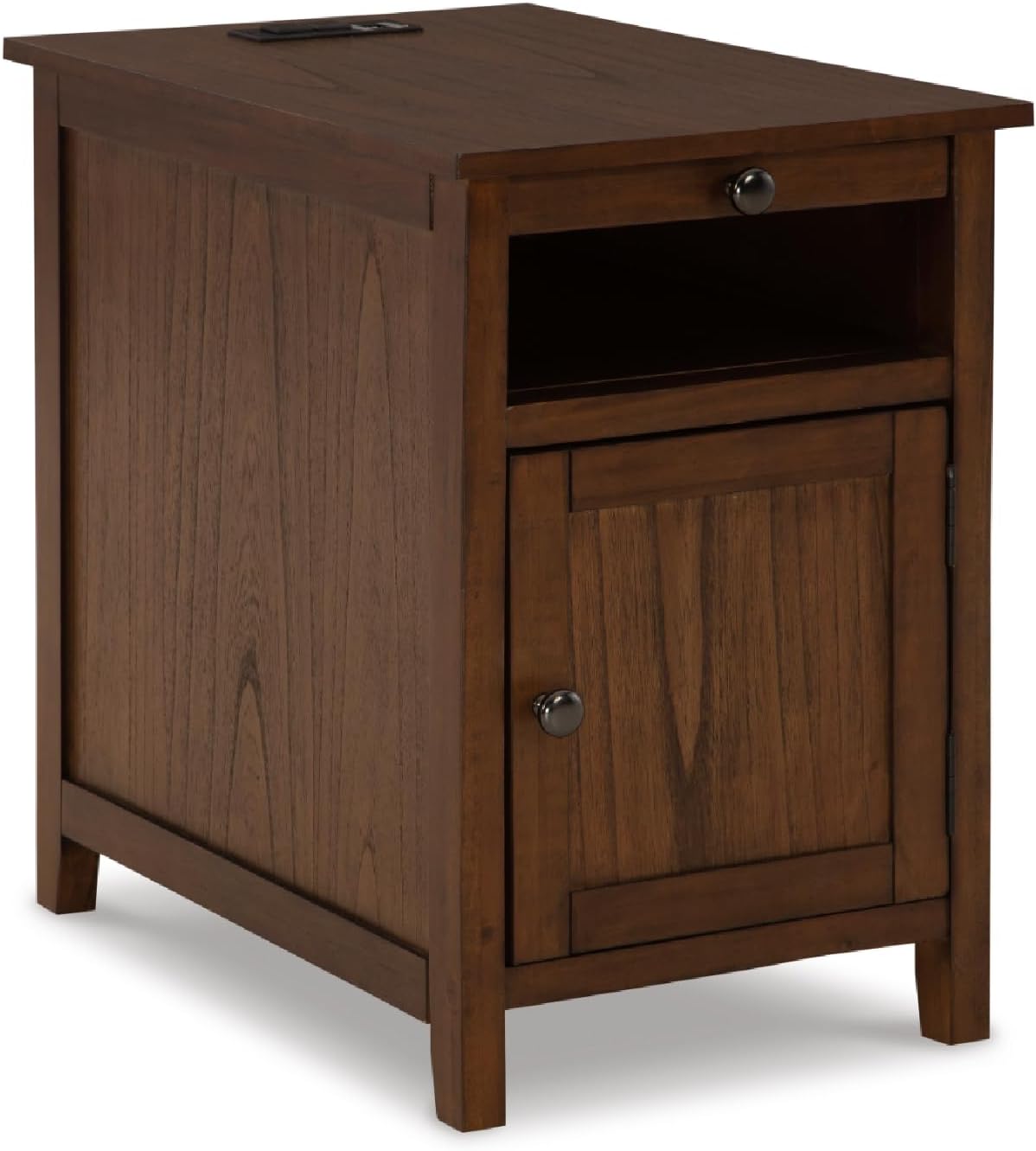 Signature Design by Ashley Treytown Casual Compact Chairside End Table with a Storage Cabinet, Open Cubby Shelf, Pull-Out Tray & USB Charging Ports, Brown