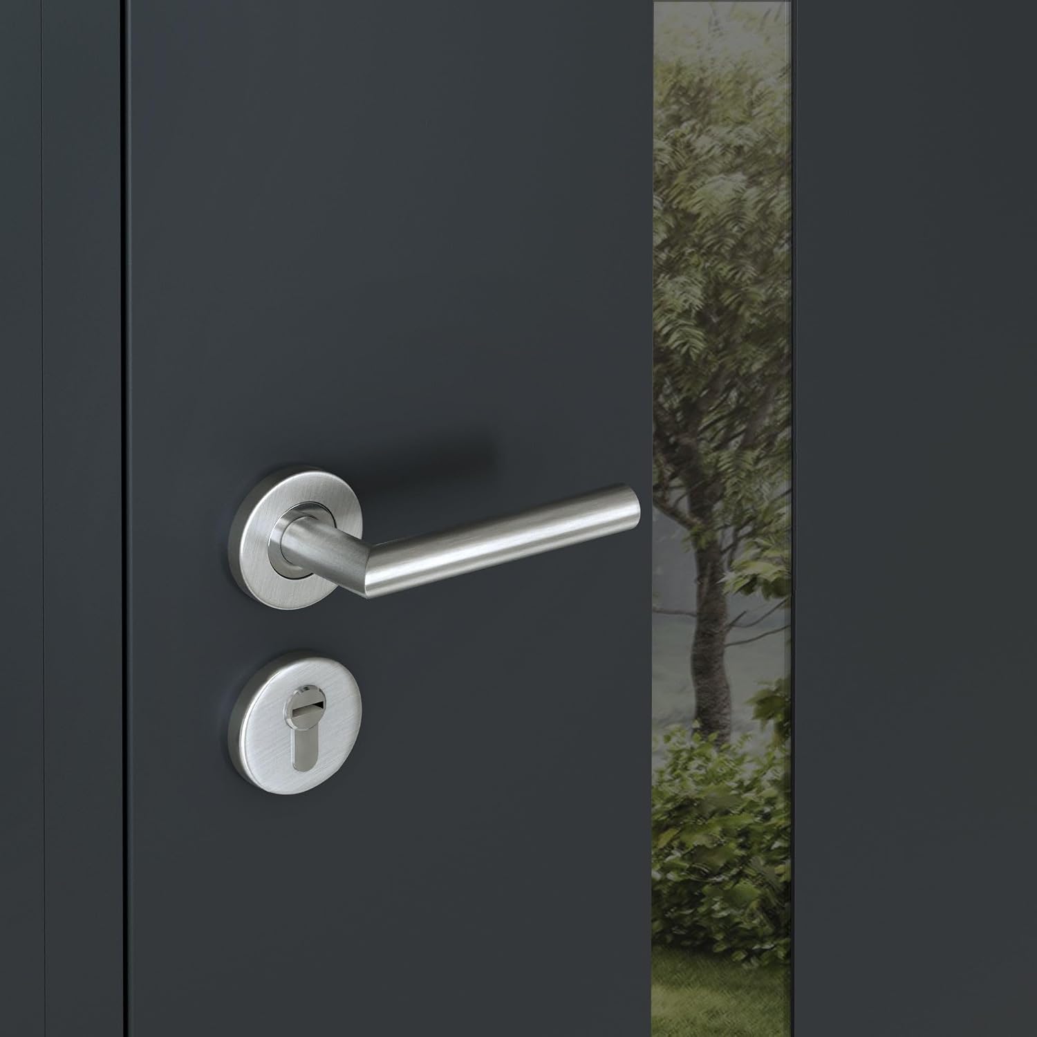 VDOMDOORS Front Exterior Prehung Steel Door/Cynex 6777 Black/Stainless Inserts Single Modern Painted-W36 x H80-Right-hand Inswing