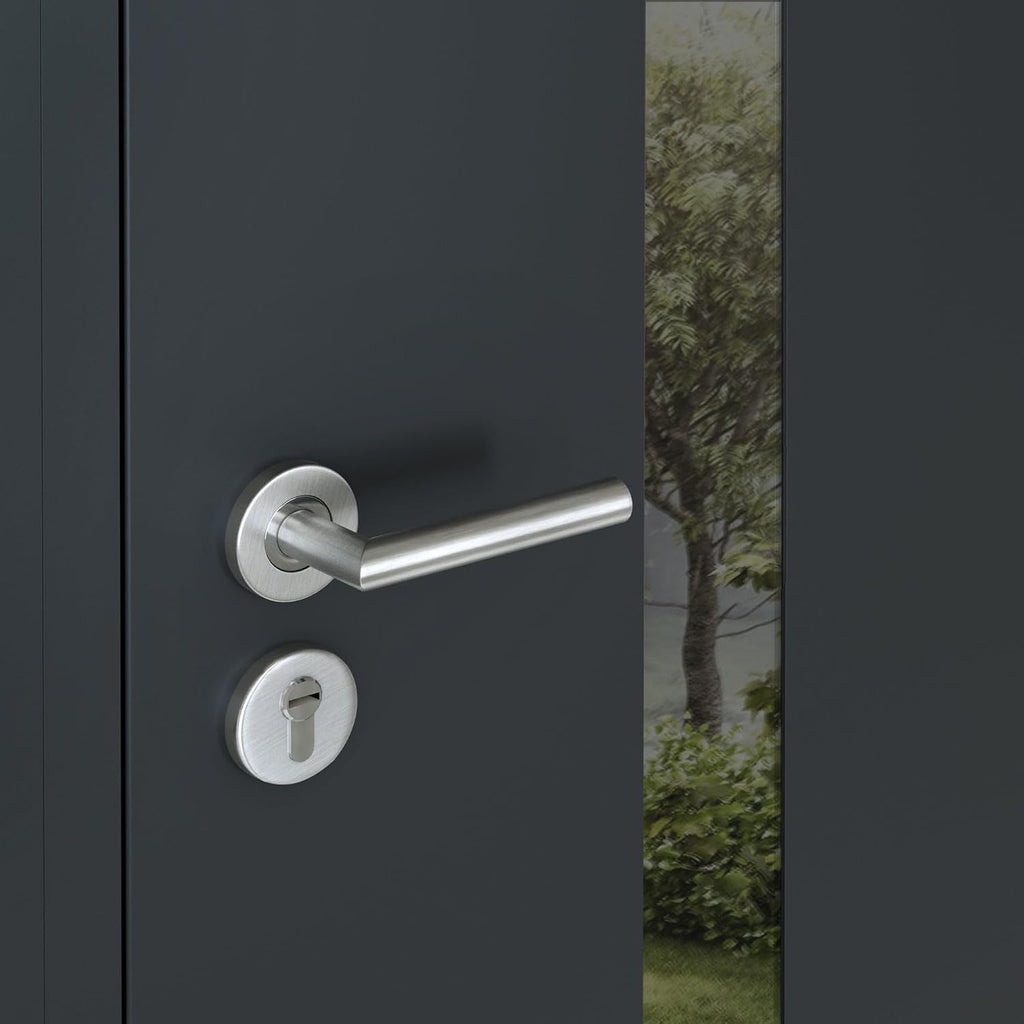 VDOMDOORS Front Exterior Prehung Steel Door/Cynex 6777 Black / 2 Side Exterior Windows/Stainless Inserts Single Modern Painted-W12+32+12' x H80-Left-hand Inswing
