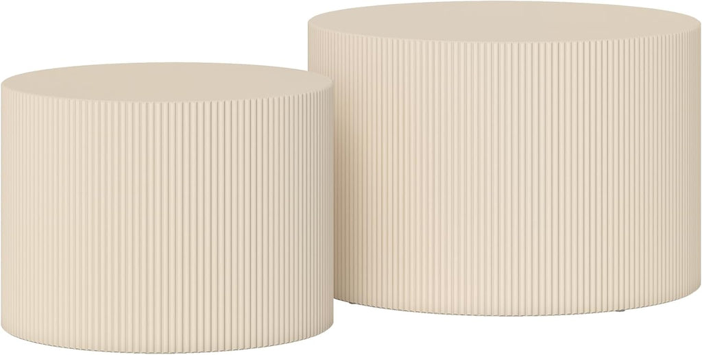Otterease Round Coffee Table Set of 2, Modern Wooden Beige Nesting Tables for Living Room, No Assembly Required Circle Side Tables Set Accent End Table for Bedroom, Balcony