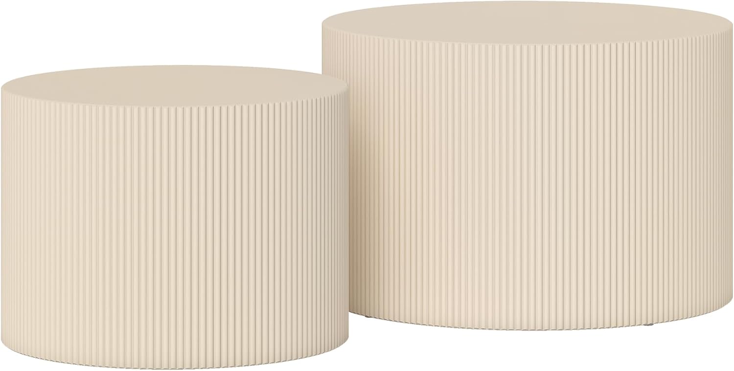Otterease Round Coffee Table Set of 2, Modern Wooden Beige Nesting Tables for Living Room, No Assembly Required Circle Side Tables Set Accent End Table for Bedroom, Balcony