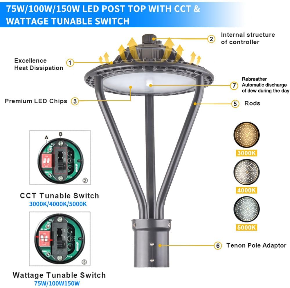 LED Post Top Light 75/100/150W Adjustable 19500 LM 3000/4000/5000K LED Circular Area Light Outdoor Pole Lights with Photocell, IP67 Parking Lot Lights Fixture Commercial Lighting, 100-277V