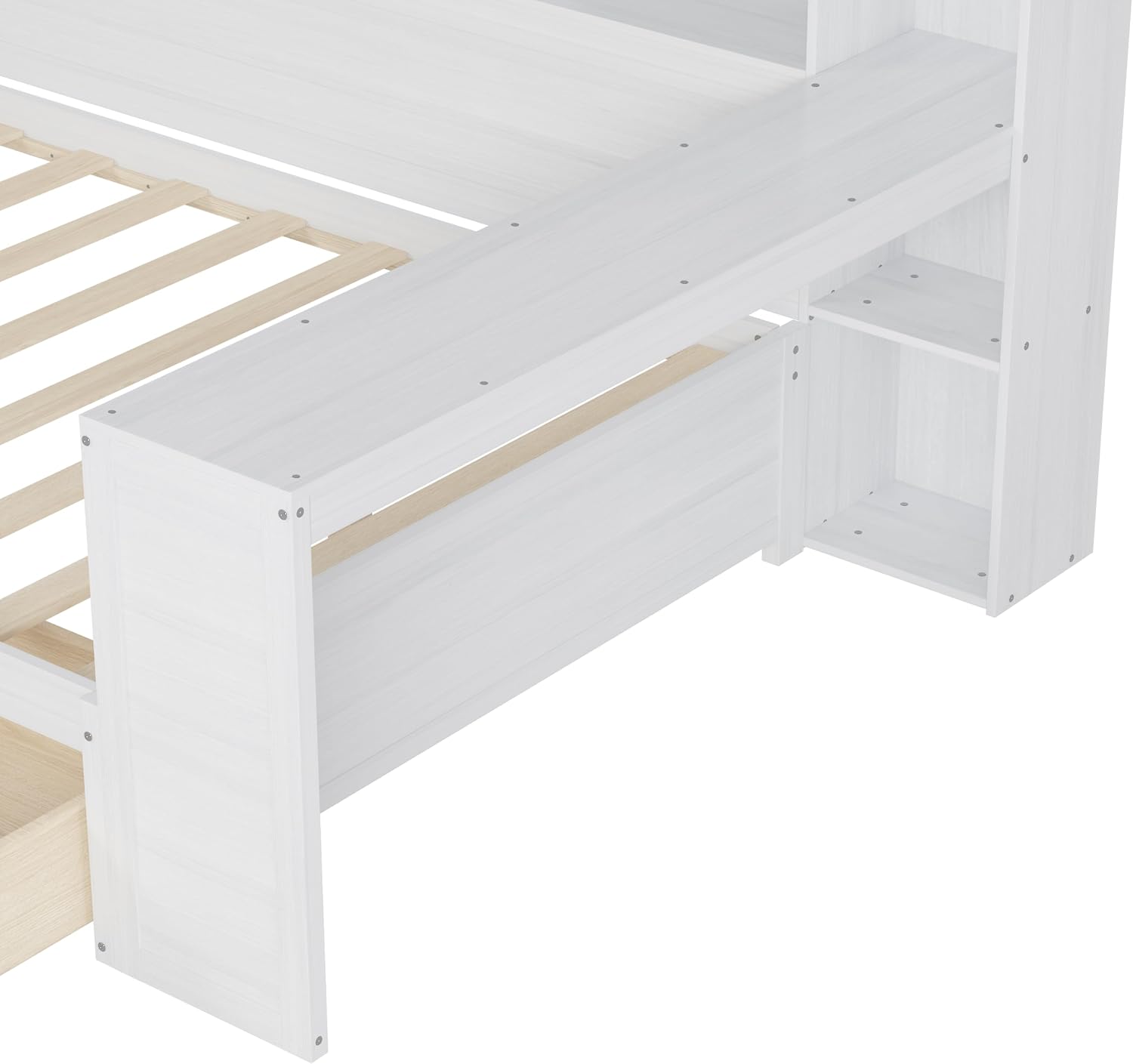 VilroCaz Wooden Twin Size Daybed with Storage Shelves and Study Desk, Multi-Functional Bed DayBed Frame with 2 Storage Drawers for Office Living Room Bedroom, Maximize Space (Antique White-8T)