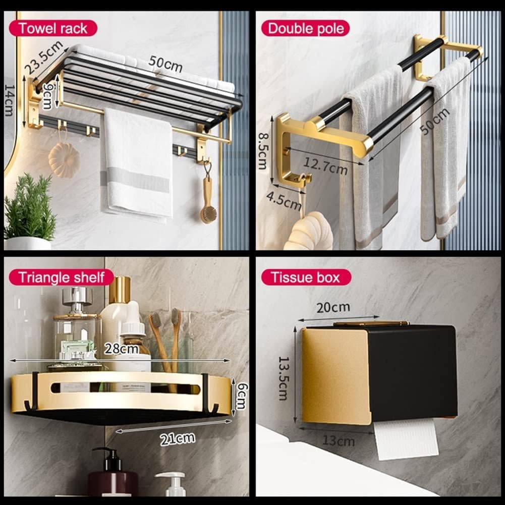 LSLYTQ Shower Caddy Bathroom Hotel Bath Towel Rack Shelf, Toilet Paper Holder, Double Towel Bar Accessories, Aluminum Alloy, Black Gold 50cm Bathroom Shelf Storage