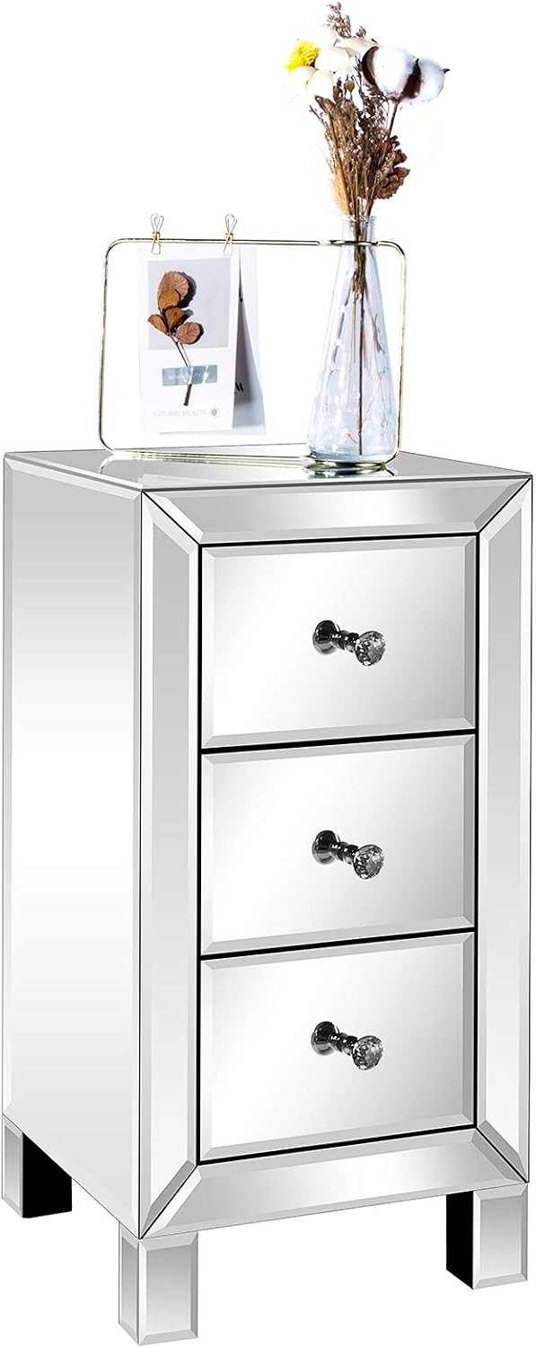 VINGLI Mirrored Nightstand with 3-Drawers Silver Side End Table Mirrored Furniture for Small Space, Bedroom, Living Room