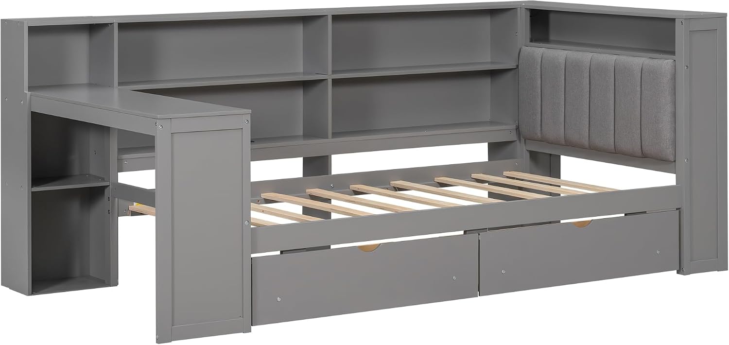 Bellemave Twin Corner Bed with Bookcase Storage and LED Lights, Twin Daybed with Upholstered Headboard and Charging Station, Wooden Platform Bed Frame with Desk and 2 Large Drawers, Grey