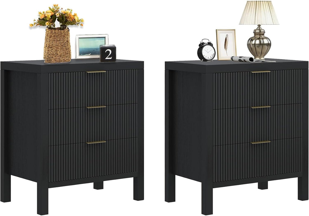End Table with Storage, Wooden Farmhouse Nightstands with 3 Drawers, Bedside Table - Boho Tall Side Table Accent for Bedroom, Living Room, Black