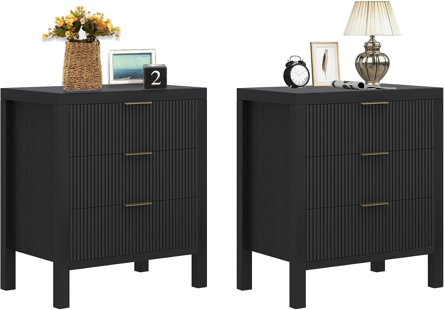 Fluted Nightstands Set of 2, Wooden Farmhouse Night Stands with 6 Drawer Bedside Table - Boho Tall End Table Accent Table for Bedroom, Living Room, （Black 2PCS）