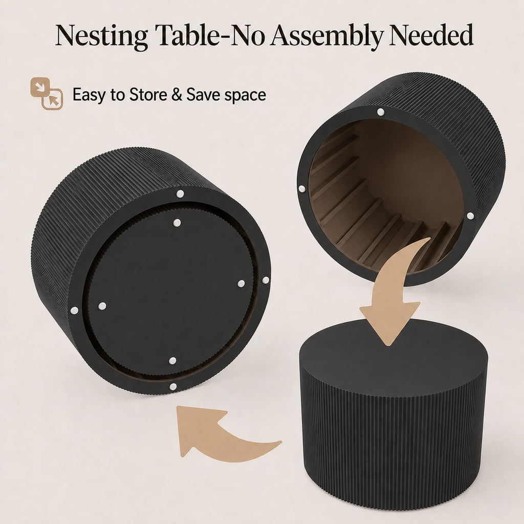 Otterease Round Coffee Table Set of 2, Modern Wooden Black Nesting Tables for Living Room, No Assembly Required Circle Side Tables Set Accent End Table for Bedroom, Balcony