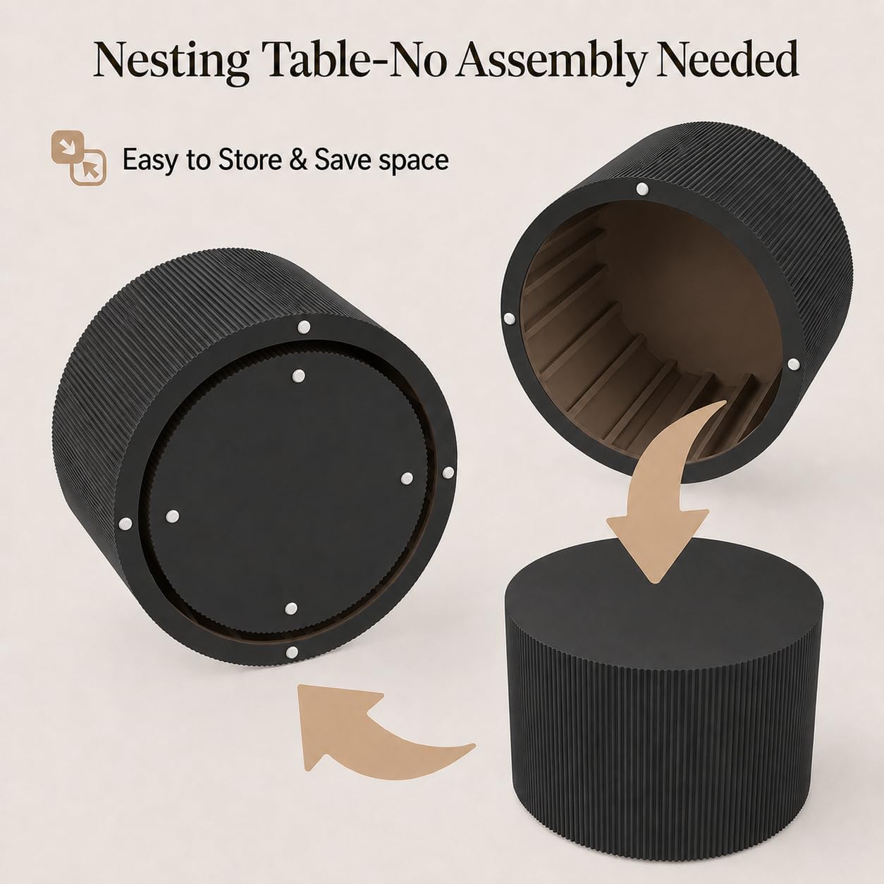 Otterease Round Coffee Table Set of 2, Modern Wooden Black Nesting Tables for Living Room, No Assembly Required Circle Side Tables Set Accent End Table for Bedroom, Balcony