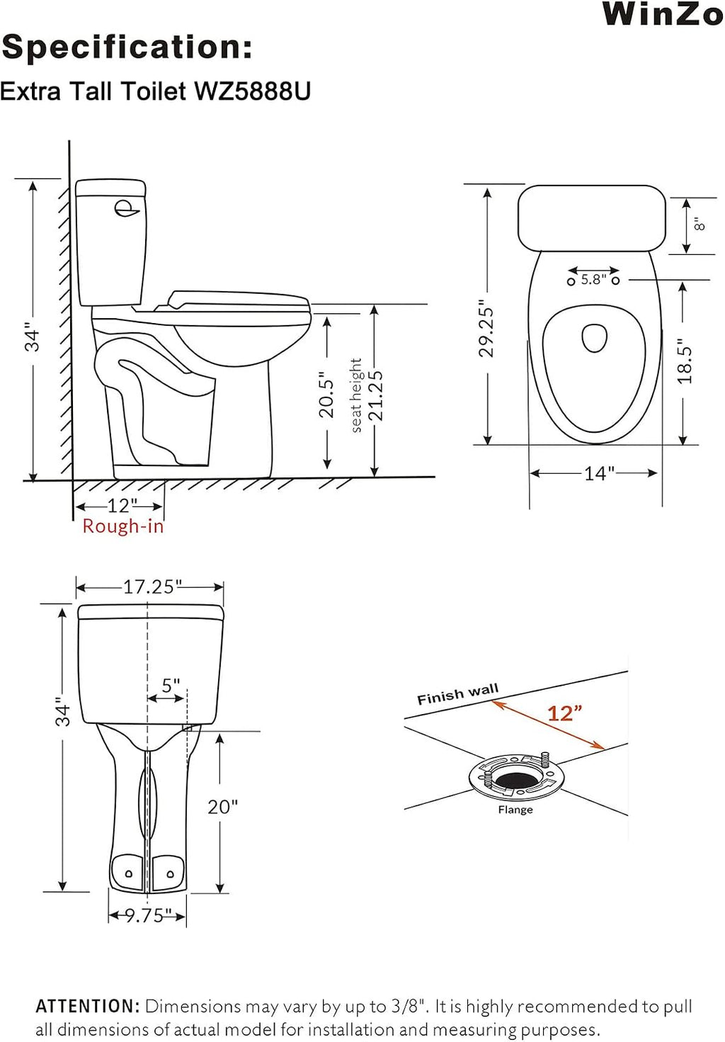 WinZo WZ5888U Elongated Two Piece Toilet 21.25-inch Extra Tall Bowl 1.28 Single Flush Comfortable For Seniors Tall Family 12' Rough-in Bathroom,White