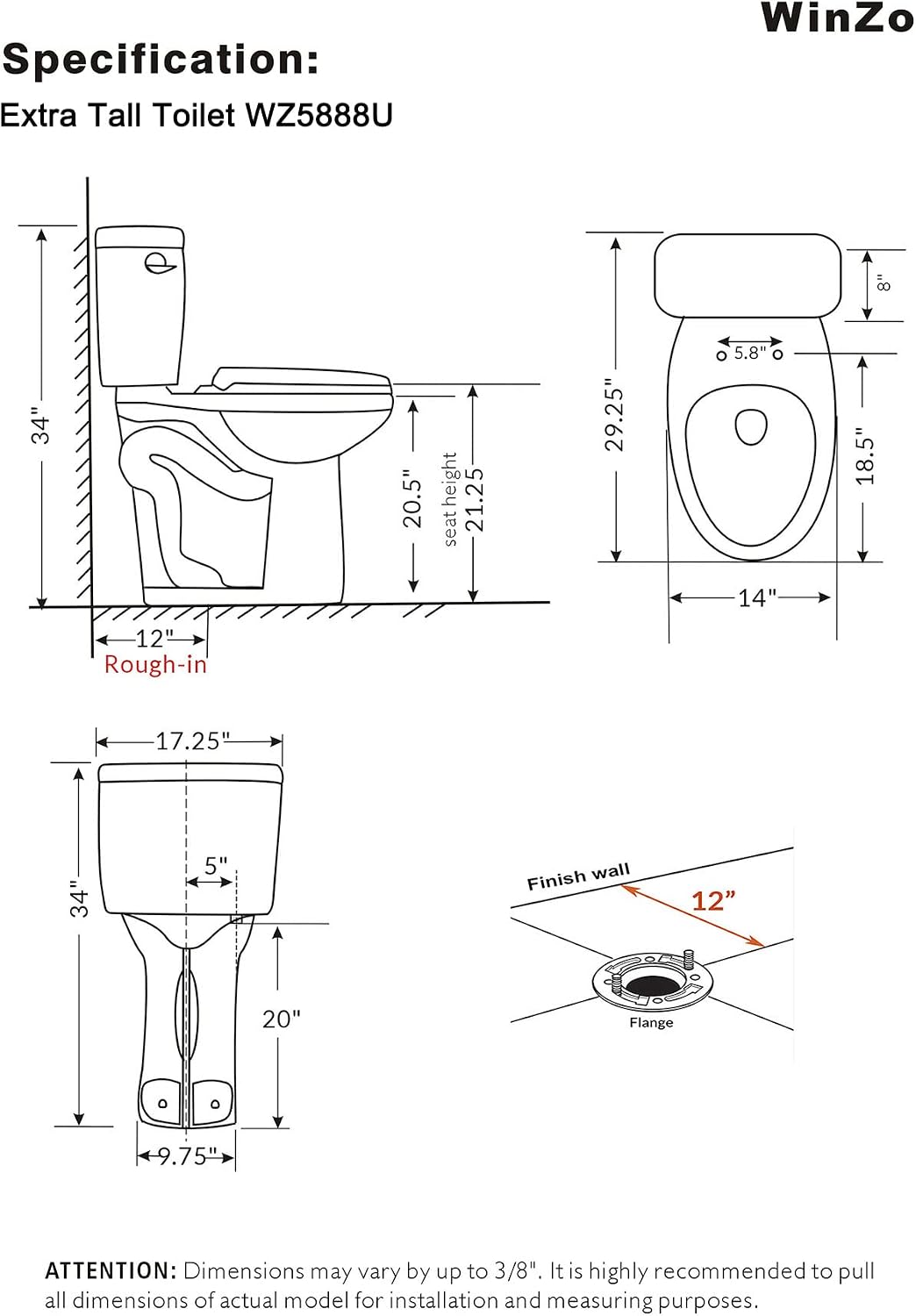 WinZo WZ5888U Elongated Two Piece Toilet 21.25-inch Extra Tall Bowl 1.28 Single Flush Comfortable For Seniors Tall Family 12' Rough-in Bathroom,White