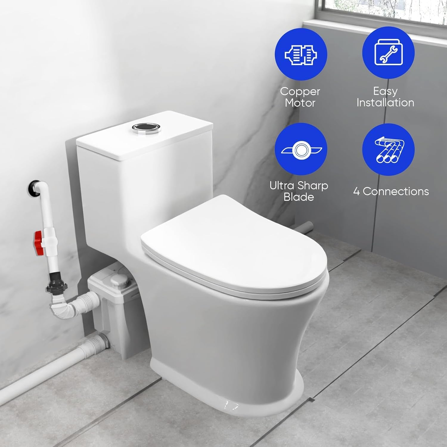 800 Watt High Power Macerating Toilet with Macerator Pump For Basement Upflush System, Powerful & Quiet Elongated One-Piece Dual-Flush Toilet, Glazed Surface, 36FT Vertically